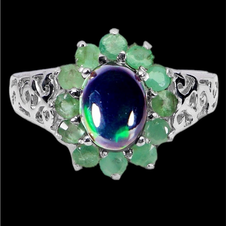 Exceptional Genuine Black Opal Emerald Ring 195$